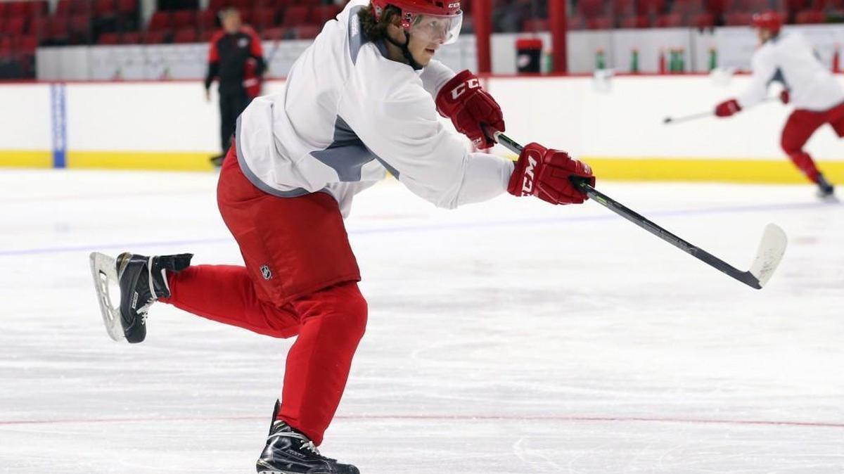 Valentin Zykov (39) fires a shot as the Carolina Hurricanes hold its prospect camp at PNC Arena in July.