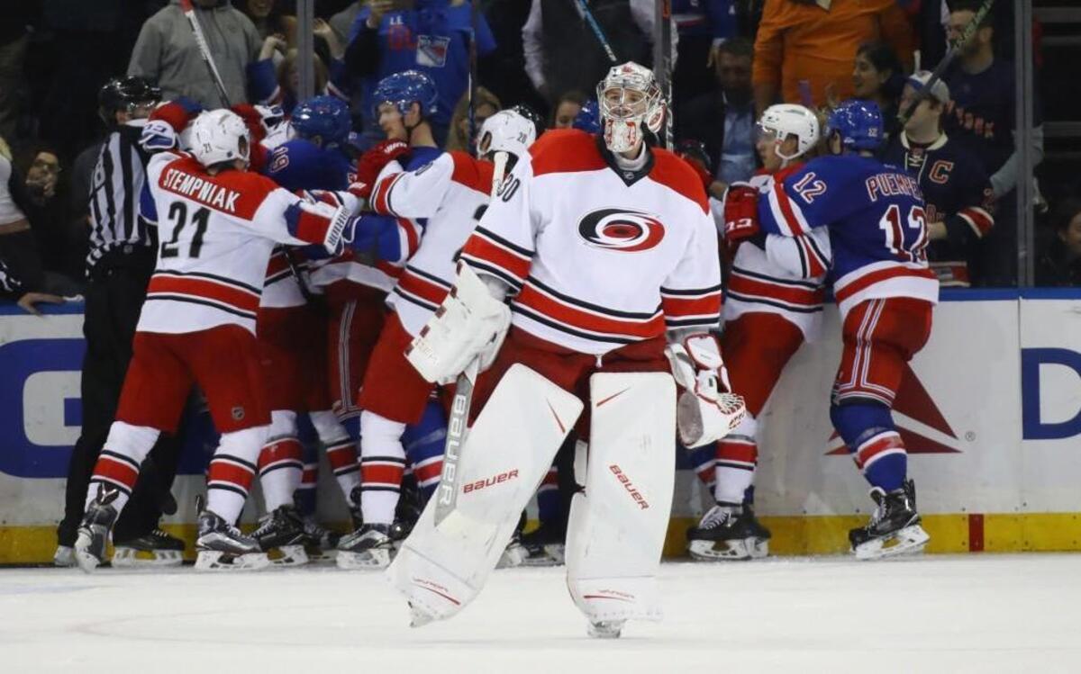 Cam Ward of the Carolina Hurricanes skates out of his crease as the Hurricanes and New York Rangers battle during the third period at Madison Square Garden on Nov. 29in New York City. The Rangers defeated the Hurricanes 2-1.