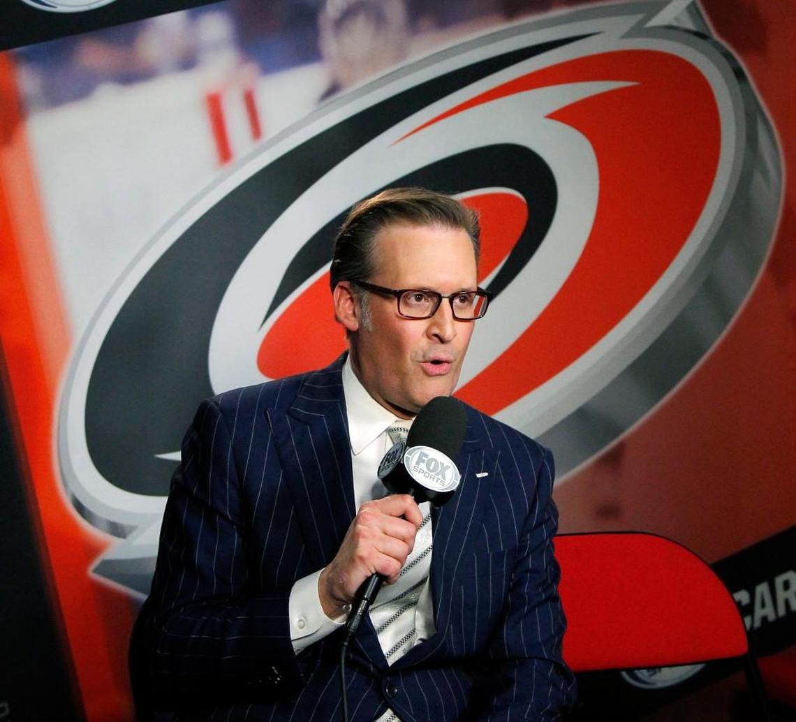 Carolina Hurricanes TV announcer John Forslund does the pregame show in the booth before an NHL game at PNC Arena.