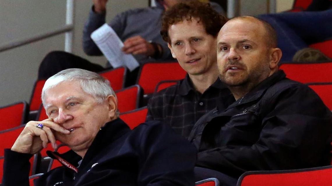 Eric Tulsky, center, has been promoted by the Carolina Hurricanes to vice president of hockey managment and strategy, it was announced July 10, 2018.
