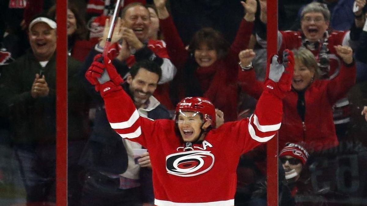 The Carolina Hurricanes' Jeff Skinner celebrates his goal during the second period against the Florida Panthers at PNC Arena.