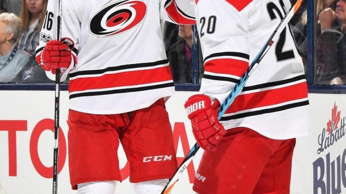 Sebastian Aho #20 of the Carolina Hurricanes celebrates his second period goal with teammate Elias Lindholm #16 of the Carolina Hurricanes during the second period of a game on January 21, 2017 at Nationwide Arena in Columbus, Ohio. (Photo by Jamie Sabau/NHLI via Getty Images)
