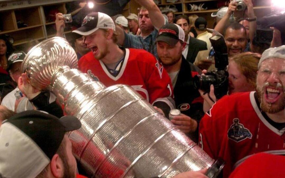 Eric Staal and the Canes party with the Stanley Cup in the locker room after the Carolina Hurricanes beat the Edmonton Oilers in Game 7 of the Stanley Cup at the RBC Center.
