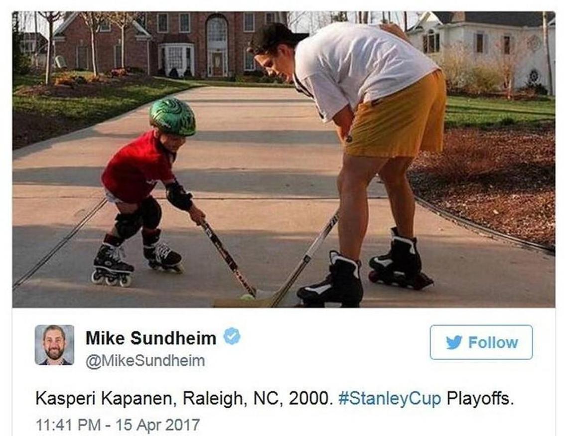 A young Kasperi Kapanen facing off with his dad, Carolina Hurricanes player Sami Kapanen, in their Raleigh driveway 17 years ago.