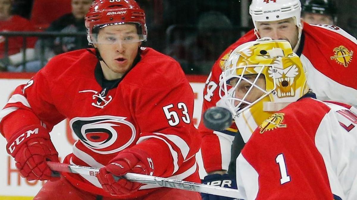 The Carolina Hurricanes' Jeff Skinner (53) can't get this shot past the Florida Panthers' Roberto Luongo (1) during the second period at PNC Arena in Raleigh.