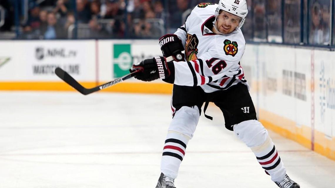 The Chicago Blackhawks' Marcus Kruger plays against the Columbus Blue Jackets on Oct. 21, 2016 in Columbus, Ohio. The Carolina Hurricanes acquired Marcus Kruger from the Vegas Golden Knights, the forward's second trade in three days, in a deal announced Tuesday, July 4, 2017. (AP Photo/Jay LaPrete, File)