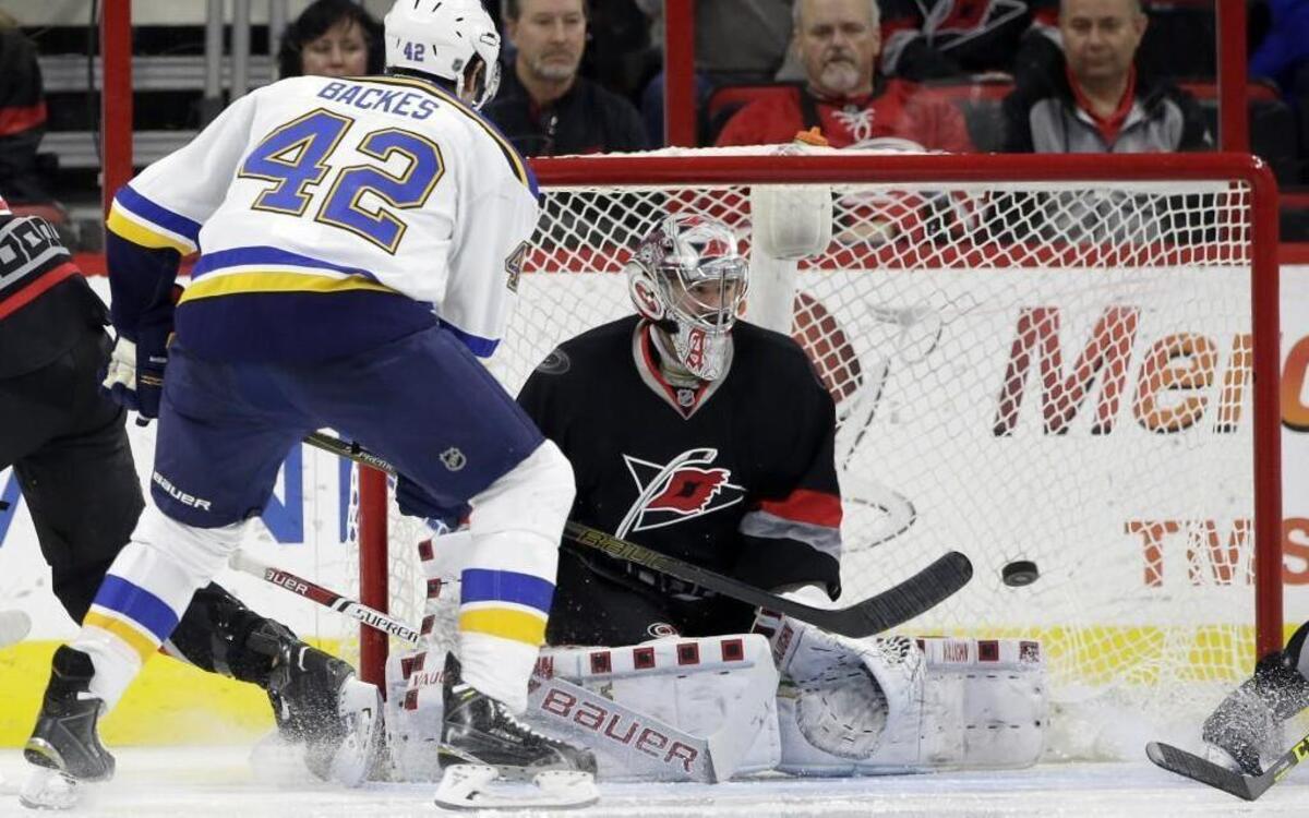St. Louis Blues' David Backes (42) shoots and scores against Carolina Hurricanes goalie Cam Ward during the second period.