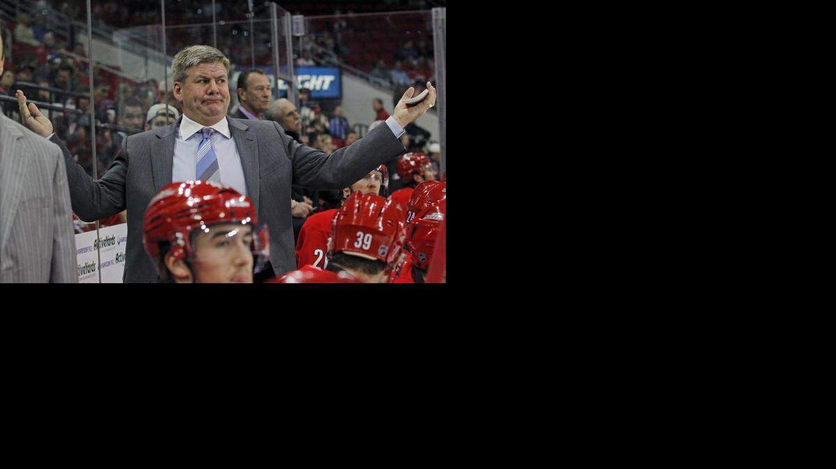 The Canes head coach Bill Peters didn't get an officials call during the first period of an NHL game played between the Carolina Hurricanes and the Columbus Blue Jackets at PNC Arena in Raleigh, N.C. on March 10, 2015.
