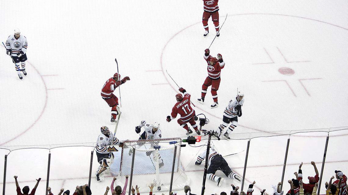 Game 1, 2006 Stanley Cup finals vs. Edmonton. The Hurricanes tied the biggest comeback in finals history, erasing a three-goal deficit before Andrew Ladd collided with Oilers goalie Dwayne Roloson behind the net. When backup Ty Conklin misplayed the puck behind the net, captain Rod Brind’Amour swept in to score the game-winner with 32 seconds to play..
