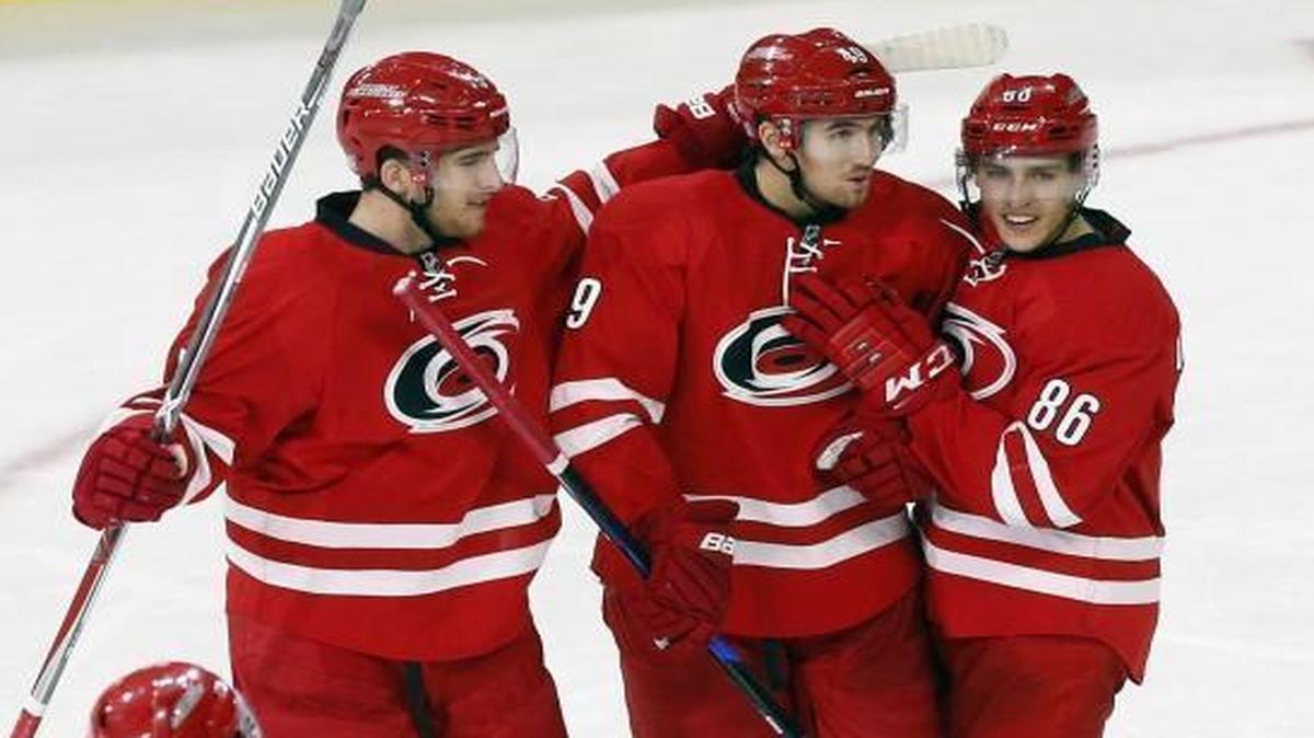 The Canes' Victor Rask (49) celebrates his goal, which was the game-winner, with teammates Noah Hanifin (5), Teuvo Teravainen (86) and Matt Tennyson (26) while the Montreal Canadiens' Chris Terry (15) and Tomas Plekanec (14) skate away during the third period.