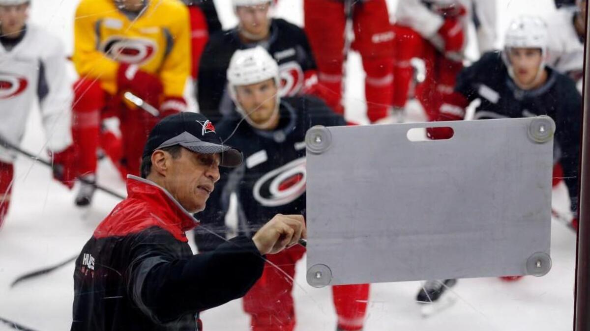 The Carolina Hurricanes assistant coach Rod Brind'Amour diagrams a drill as the team holds the first day of on-ice training camp at PNC Arena in Raleigh, N.C. on Sept. 23, 2016. The first game of the regular season is Oct. 13th in Winnipeg; the home opener is Oct. 28th against the NY Rangers.