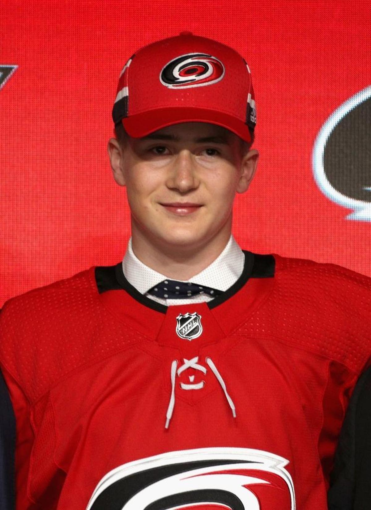 Martin Necas, 12th overall pick in NHL Draft by the Carolina Hurricanes poses for a photo onstage during Round One of the 2017 NHL Draft at United Center on June 23, 2017 in Chicago, Illinois. (Photo by Dave Sandford/NHLI via Getty Images)