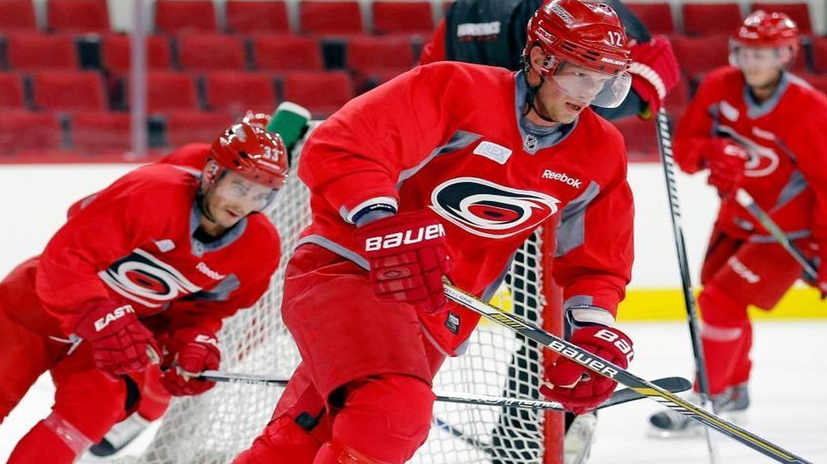 
Eric Staal and Ryan Derek skate during the Carolina Hurricanes first day of training camp at PNC Arena in Raleigh, N.C. on Sept. 18, 2015. 
