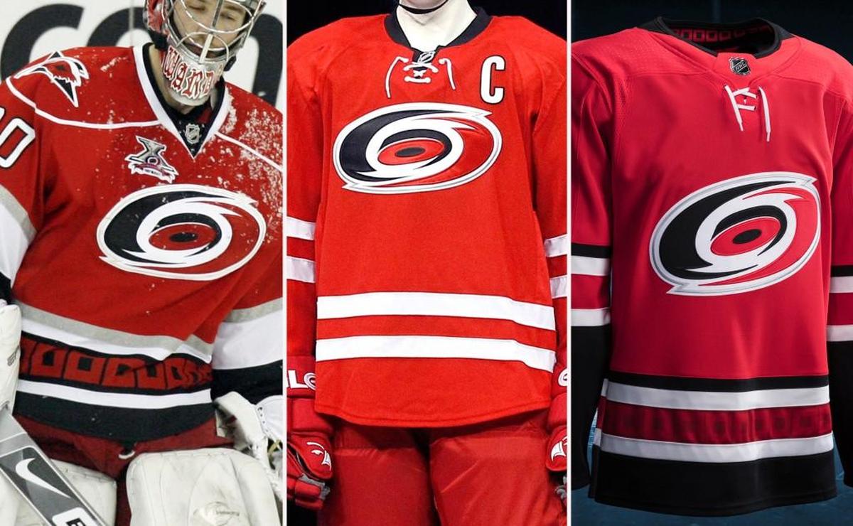 The last three versions of the Carolina Hurricanes’ home jersey, from left: the 2008 version as worn by Cam Ward; the current, introduced in 2013; and the 2017-18 version unveiled Tuesday, June 21, 2017.
