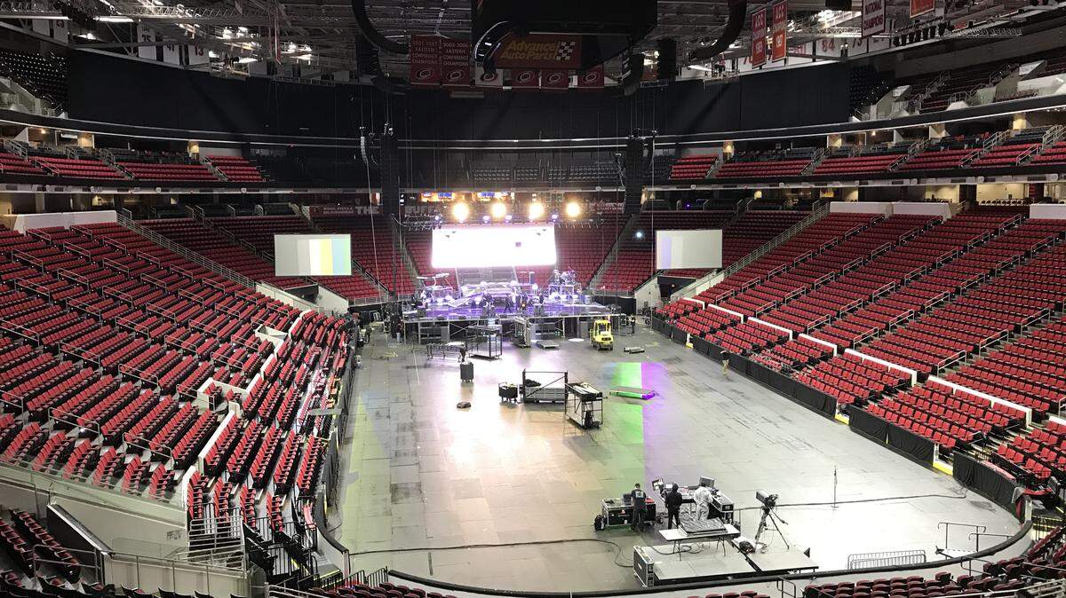 Preparations being made Friday at PNC Arena for the Millennium Tour 2020 event on Friday night.