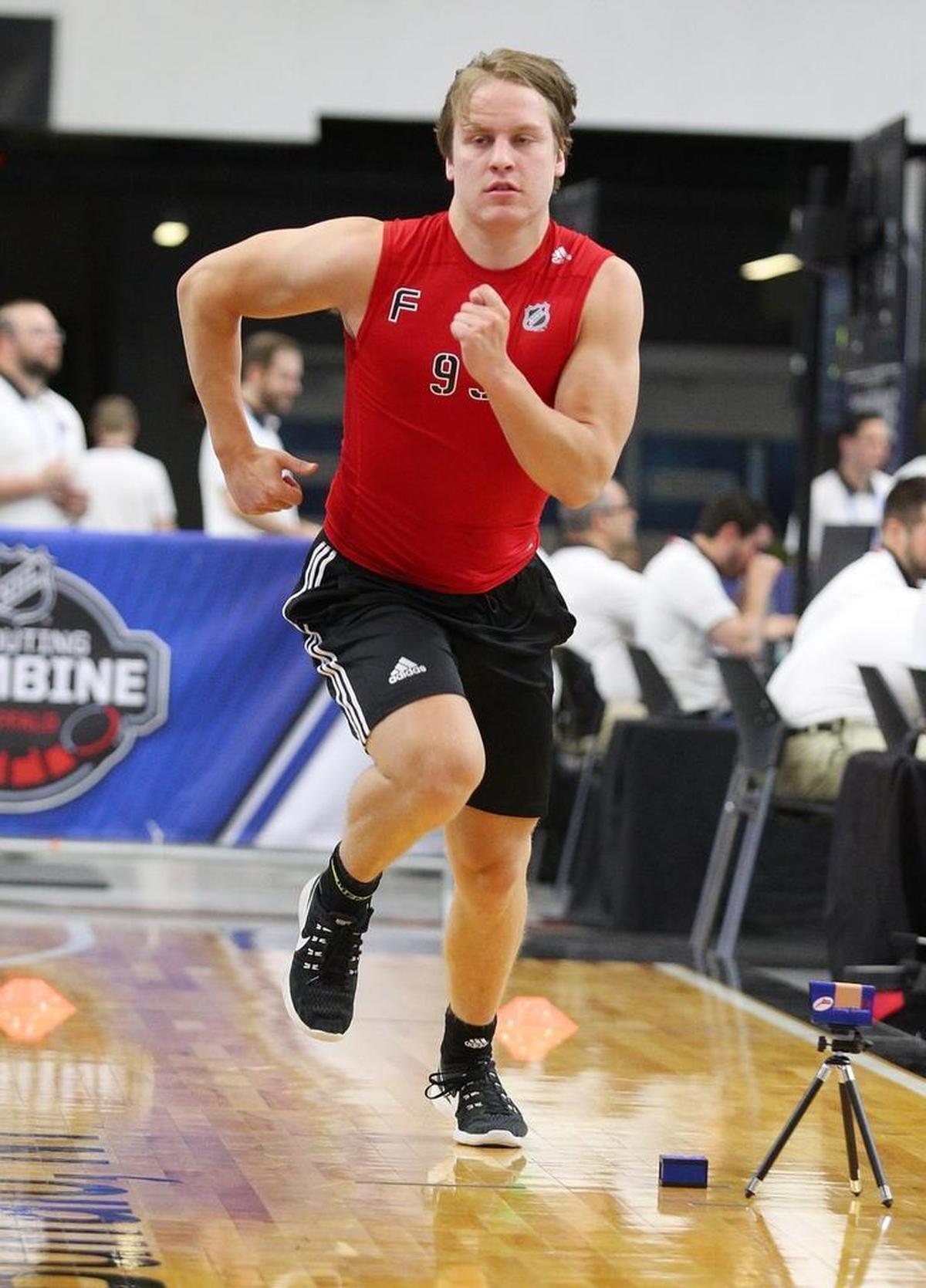 Eeli Tolvanen takes the Pro Agility test during the NHL Combine at HarborCenter on June 3, 2017 in Buffalo, New York. (Photo by Bill Wippert/NHLI via Getty Images)