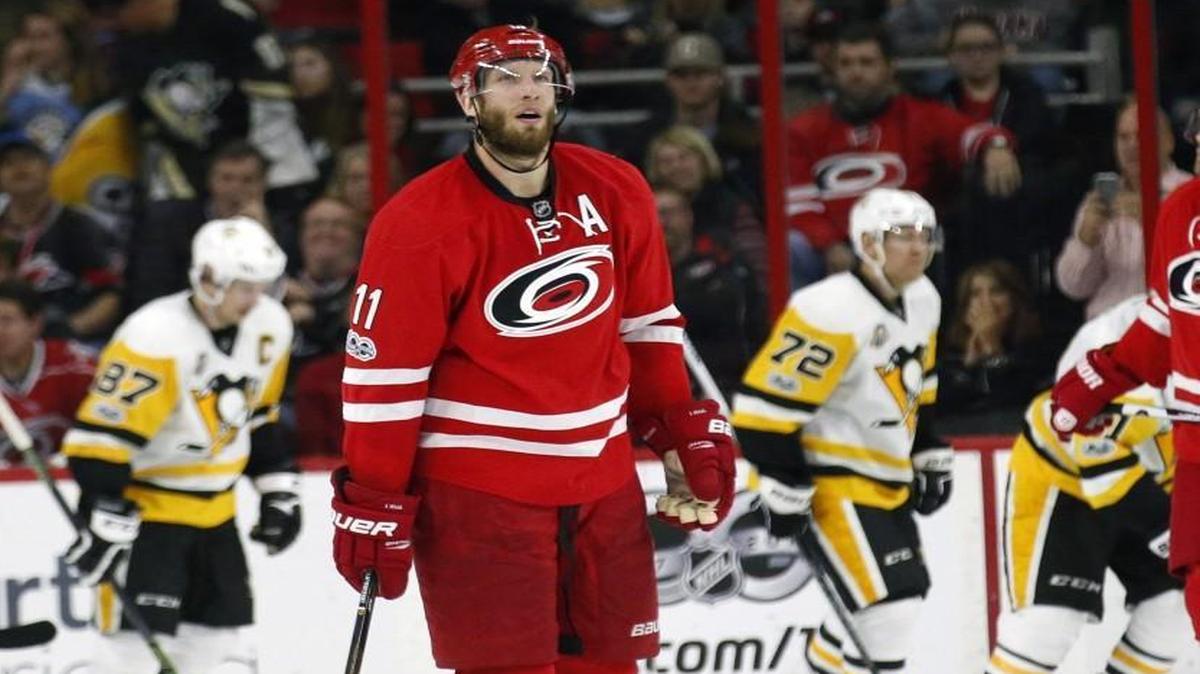 The Canes' Jordan Staal reacts after the Pittburgh Penguins scored their fifth goal of the game at PNC Arena in Raleigh.