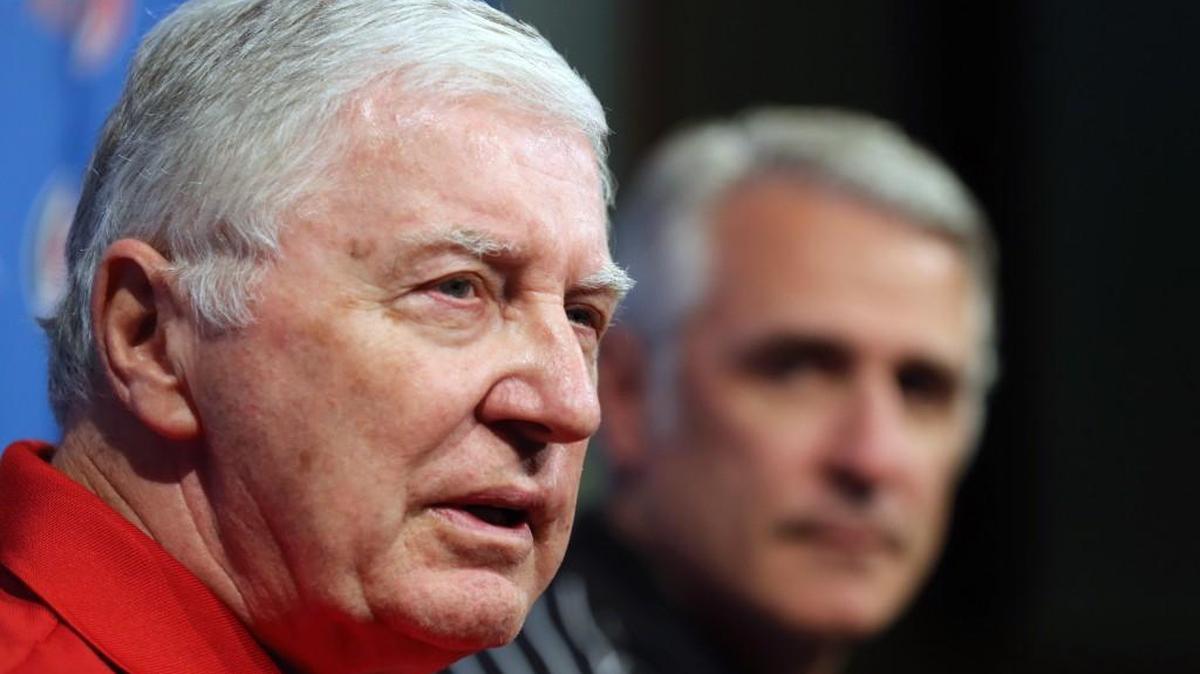 The Carolina Hurricanes general manager Ron Francis, right, listens as Tony MacDonald, director of amateur scouting, talk to the media about the upcoming NHL draft during a press conference held at PNC Arena on June 9.