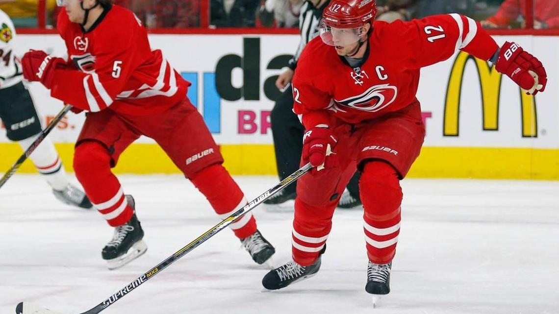 The Carolina Hurricanes' Eric Staal (12) moves the puck during an NHL game played between the Hurricanes and the Chicago Blackhawks at PNC Arena on Jan. 26.