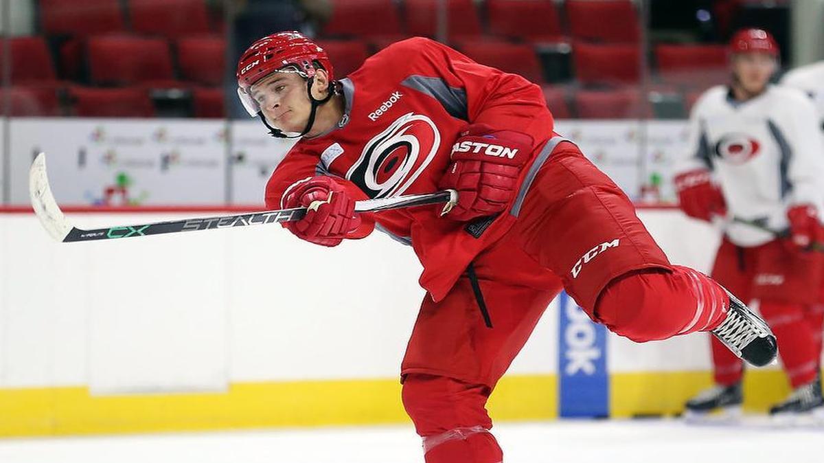 Julien Gauthier (44) fires a shot. He was the second of two picks the Canes had in the first round of the 2016 NHL draft.