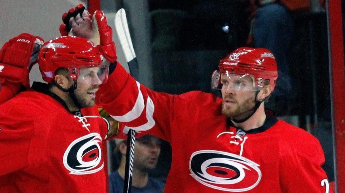 The Canes Bryan Bickell (29), right, congratulates teammate Viktor Stalberg (25) on his goal during a game in October. It was announced Friday that Bickell has been diagnosed with multiple sclerosis (MS).