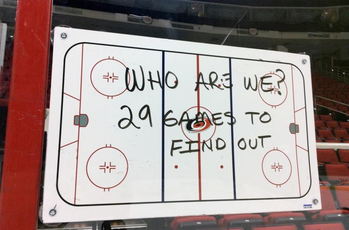 A message written on a white board by Coach Bill Peters at the Carolina Hurricanes Monday practice indicates frustration surrounding the team's play and recent losses in the final stretch of the season as they try to make the NHL playoffs.