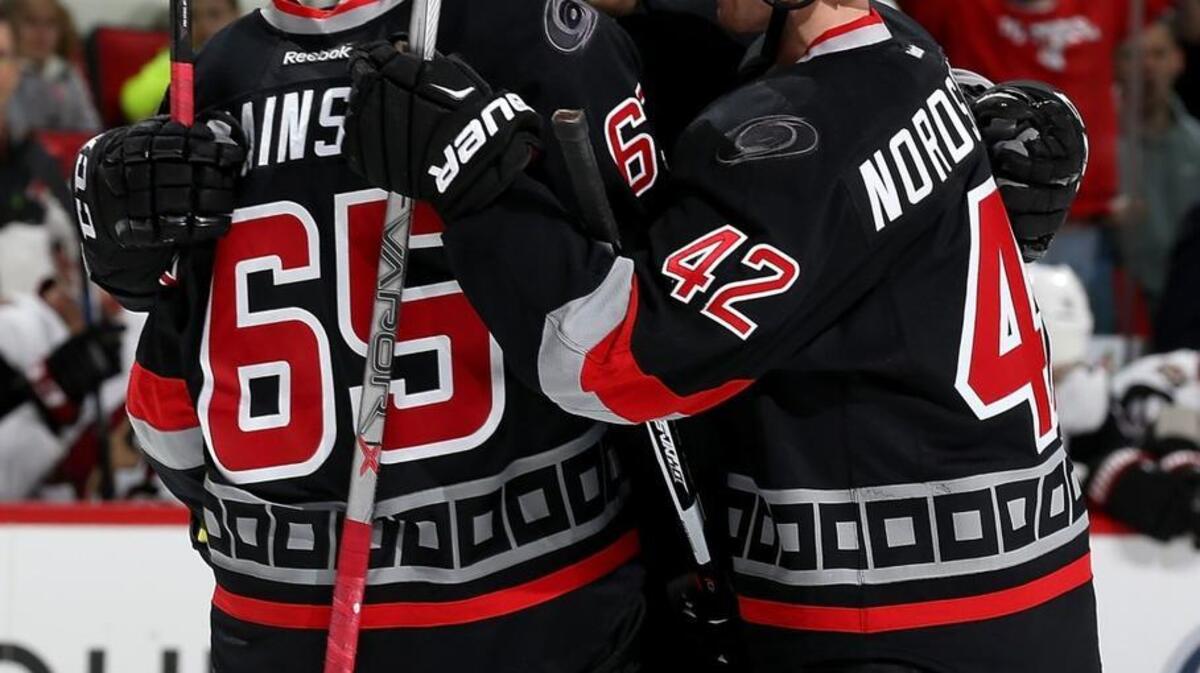 RALEIGH, NC - DECEMBER 06: Ron Hainsey #65 of the Carolina Hurricanes clelbrates his 3rd period goal with teammates Andrej Nestrasil #15 and Joakim Nordstrom #42 of the Arizona Coyotes during a NHL game at PNC Arena on December 6, 2015 in Raleigh, North Carolina. (Photo by Gregg Forwerck/NHLI via Getty Images)