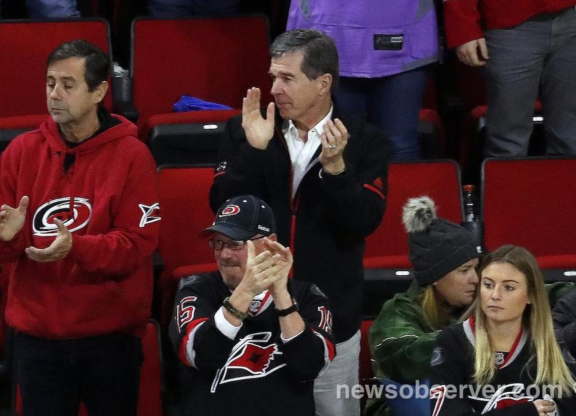 N.C. Gov. Roy Cooper, big hockey fan, cheers on the Carolina Hurricanes during the third period. The Canes beat the Islanders 4-2.