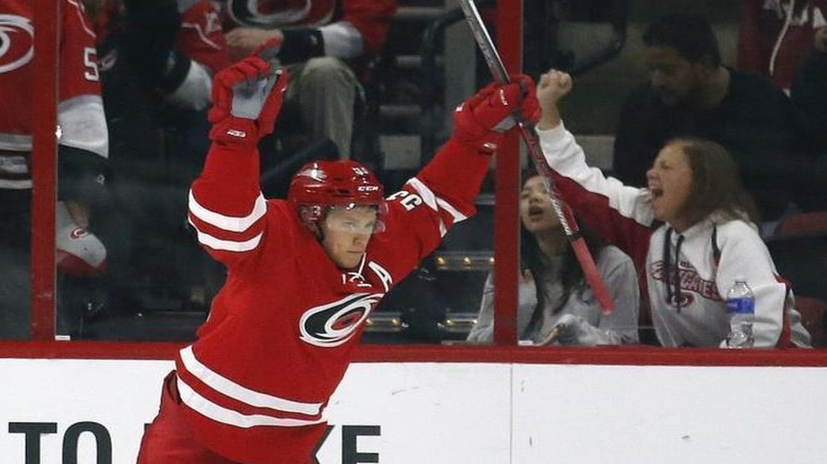 The Canes' Jeff Skinner celebrates his second goal of the game during the second period against the New York Rangers at PNC Arena.