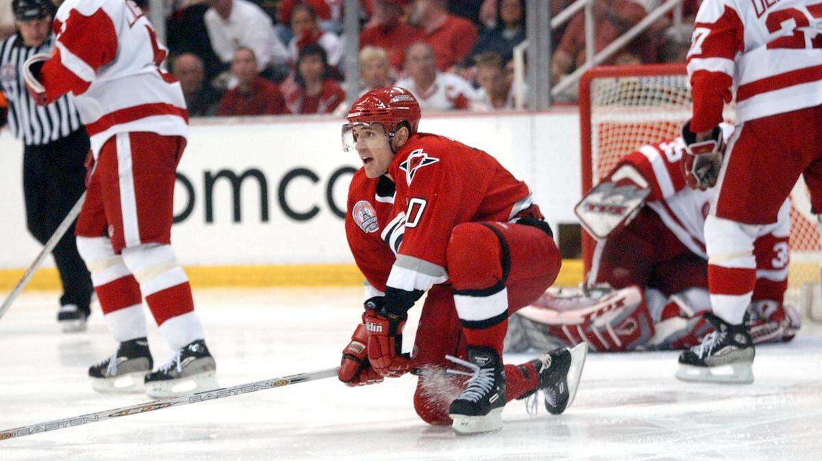 Game 1, 2002 Stanley Cup finals at Detroit, 6/4/02. No one gave the underdog Hurricanes much of a chance against the powerful Red Wings, but Ron Francis’ overtime goal shocked the hockey world.