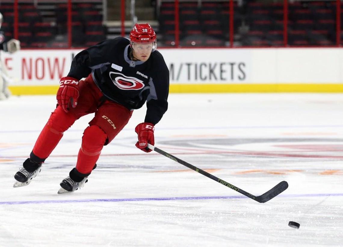 Josh Wesley (38) goes for the puck during the Carolina Hurricanes prospect camp at PNC Arena on July 6, 2016.
