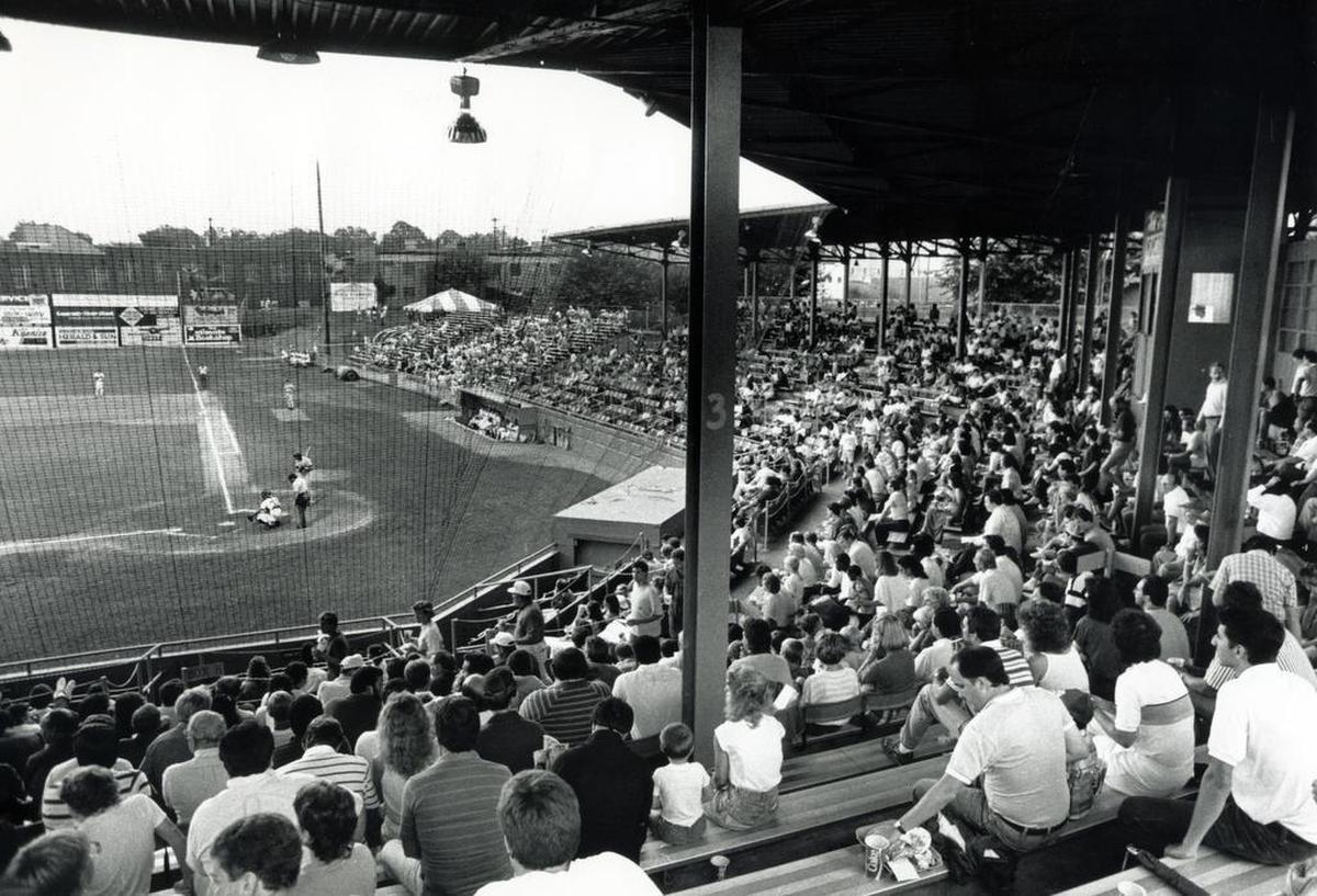 Fans watch a Bulls game at Durham Athletic Park on on July 27, 1988. The old park in Durham was a favorite with fans with its old-time feel.
