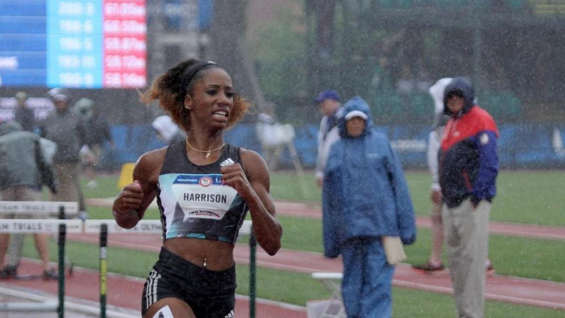 Keni Harrison of Clayton won her semifinal heat in the pouring rain on Friday afternoon at the U.S. Olympic Team Trials.