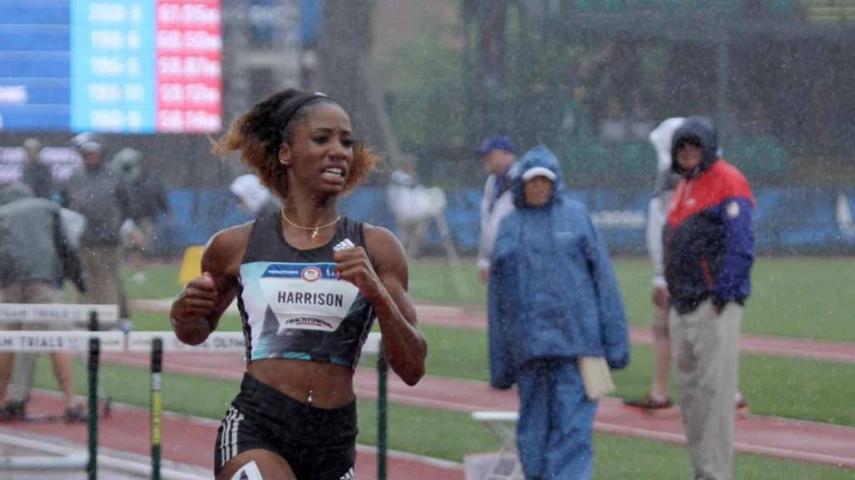 Keni Harrison of Clayton won her semifinal heat in the pouring rain on Friday afternoon at the U.S. Olympic Team Trials.