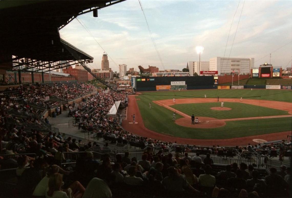 View of downtown Durham from the press box at the Durham Bulls Athletic Park.