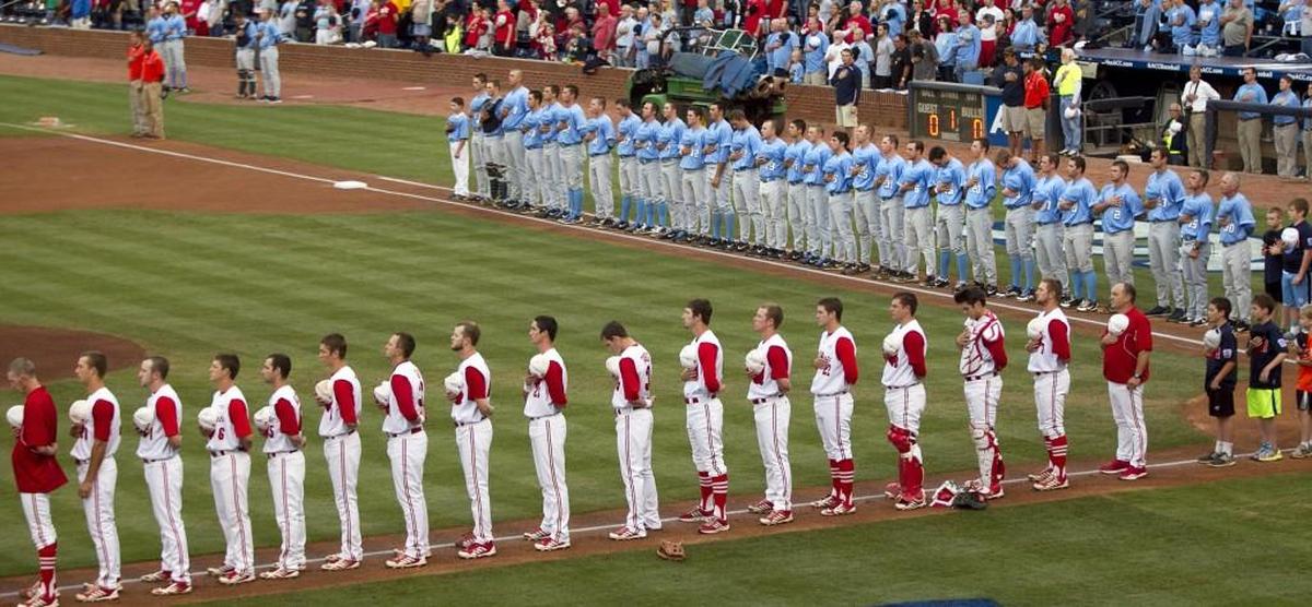 The N.C. State Wolfpack and the North Carolina Tar Heels line up for the the National Anthem prior to their game in the ACC Baseball Championship at the Durham Bulls Athletic Park on Saturday May 25, 2013 in Durham, N.C.