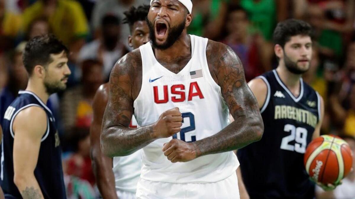 United States' DeMarcus Cousins (12) celebrates after making a basket during a quarterfinal round basketball game against Argentina at the 2016 Summer Olympics in Rio de Janeiro, Brazil, Wednesday, Aug. 17, 2016.