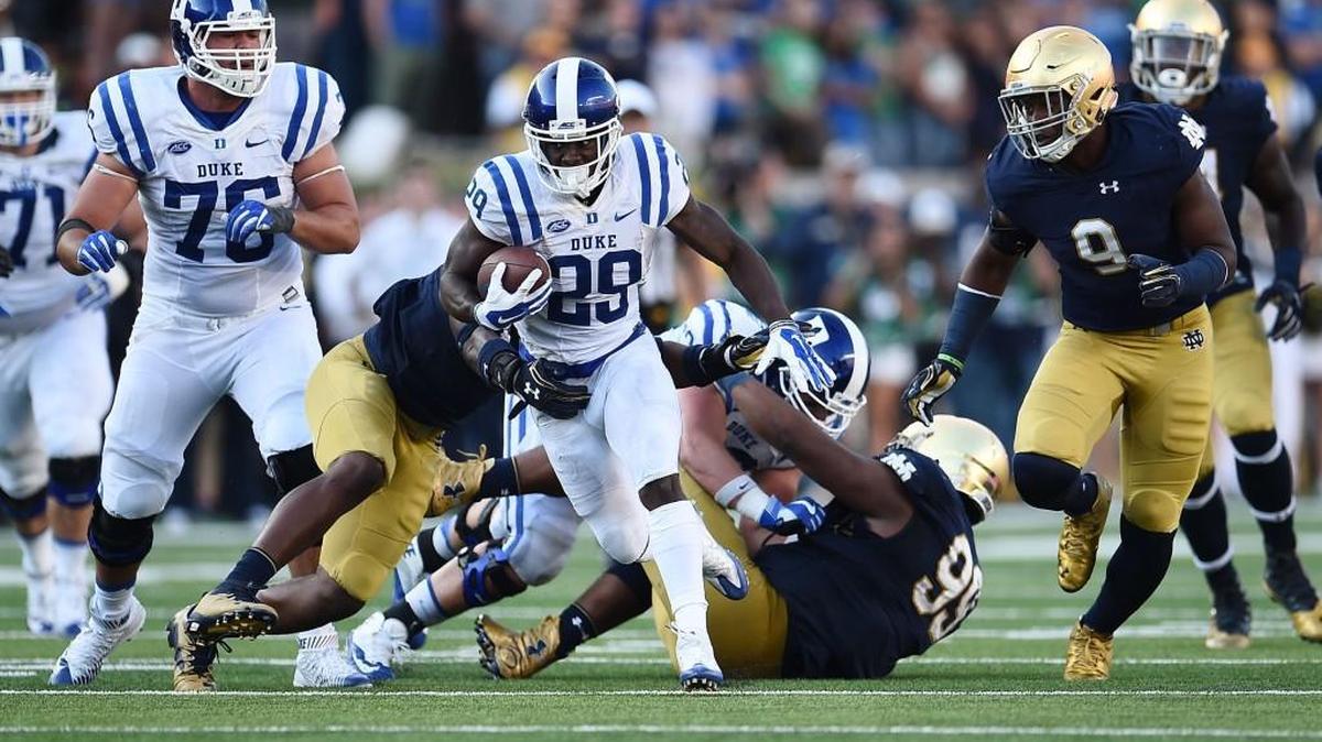 Shaun Wilson #29 of the Duke Blue Devils runs during the second half against Notre Dame at Notre Dame Stadium last Saturday. Duke defeated Notre Dame 38-35. (Photo by Stacy Revere/Getty Images)