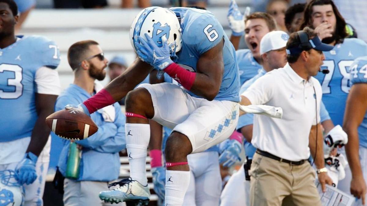 UNC's M.J. Stewart (6) reacts as the play was blown dead as he was running back what he thought was a fumble recovery during the fourth quarter of an ACC college football game played between the UNC Tar Heels and the Virginia Cavaliers at Kenan Stadium in Chapel Hill, NC, on Oct. 14, 2017. He was ruled to have been out of bounds when he grabbed the ball, so there was no recovery. Virginia beat UNC, 20-14.