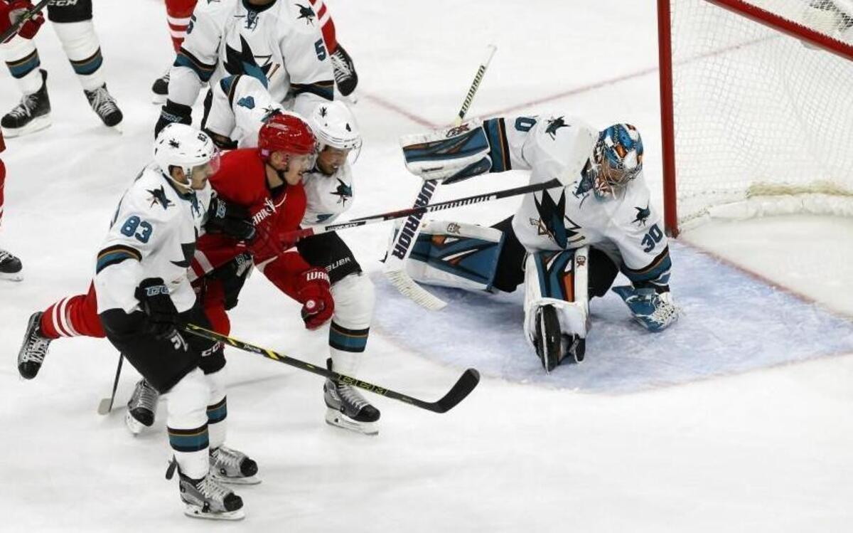 The Canes' Joakim Nordstrom (42) watches his shot go into the net past the San Jose Sharks' Matt Nieto (83), Brenden Dillon (4) and goalie Aaron Dell during the third period at PNC Arena in Raleigh.