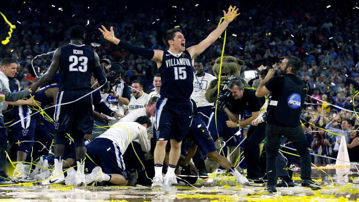 Villanova's Ryan Arcidiacono (15) celebrates after their 77-74 victory over UNC in the finals of the 2016 NCAA Division I Men's Basketball Championship at NRG Stadium in Houston, Texas, Monday, April 4, 2016.
