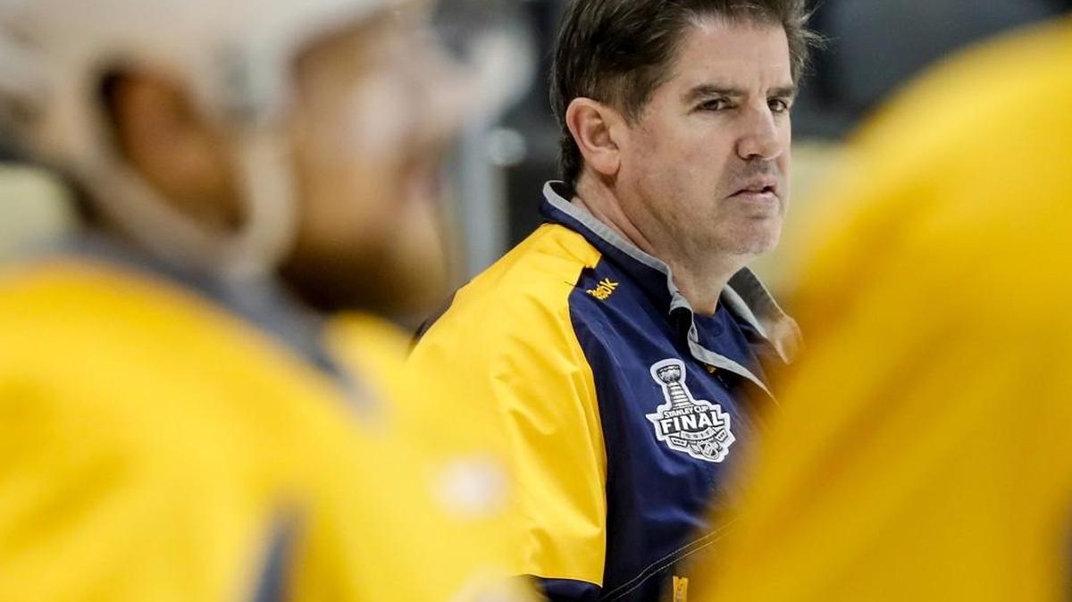 Nashville Predators head coach Peter Laviolette watches his lines skate in practice prior to Game Two of the 2017 NHL Stanley Cup Final at PPG Paints Arena on May 31, 2017 in Pittsburgh, Penn. (Photo by John Russell/NHLI via Getty Images)