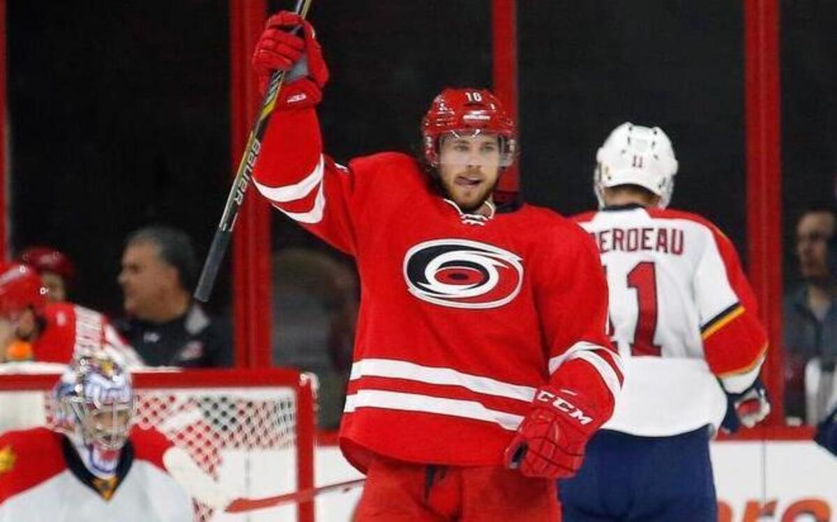 
The Carolina Hurricanes' Elias Lindholm (16) celebrates his goal after he scored against the Florida Panthers' Al Montoya (35) during the second period of an NHL game played between the Carolina Hurricanes and the Florida Panthers at PNC Arena in Raleigh, N.C. on Oct. 13, 2015.
