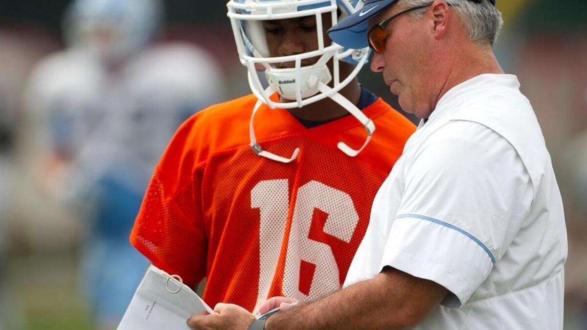 Former Illinois coach Tim Beckman, right, talks with walk-on UNC football player Antonio James on Wednesday. Beckman is no longer a volunteer assistant on the coaching staff at North Carolina.