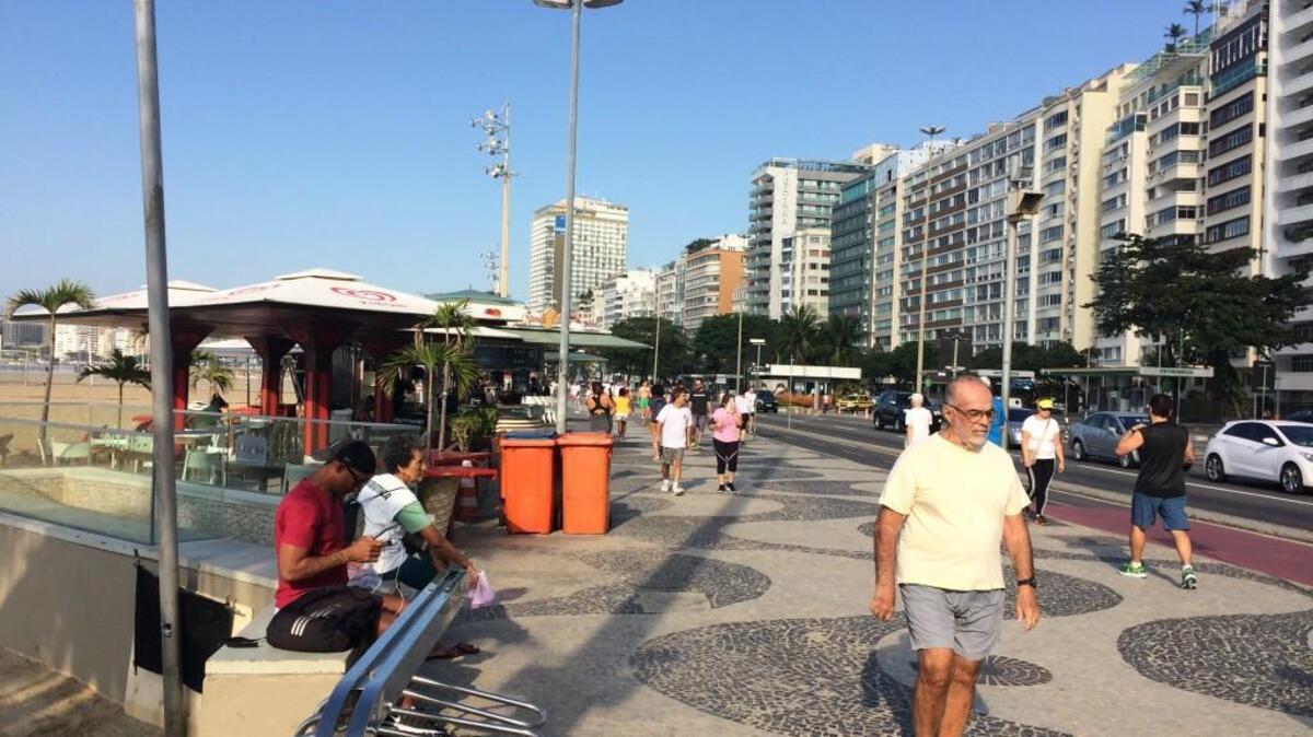 The signature patterns on the sidewalks of Copacabana are mosaics of small chunks of marble-like stone.