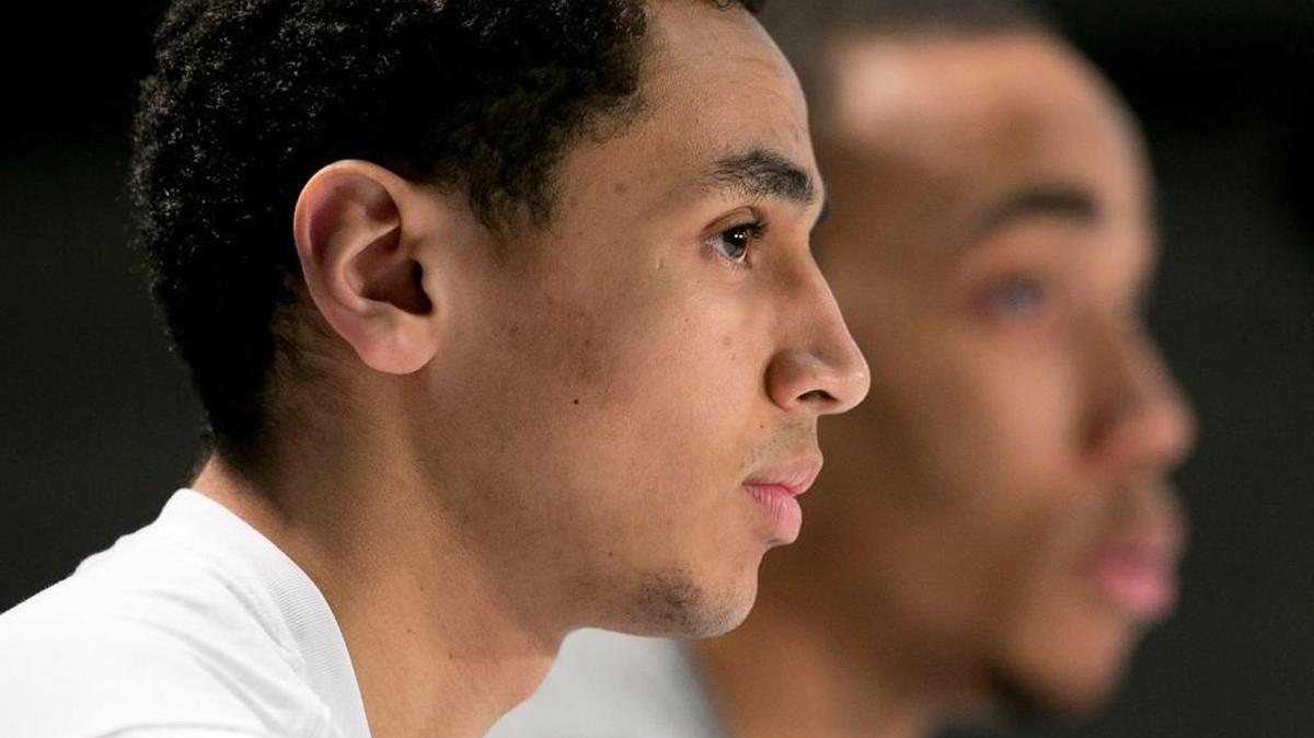 Former North Carolina basketball stars Marcus Paige and Brice Johnson at Final Four in Houston in April.