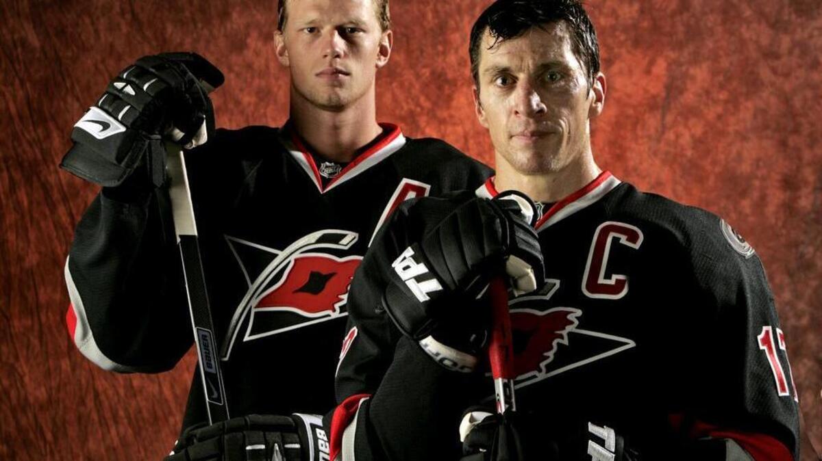 Eric Staal, left, and Rod Brind'Amour spent time as Hurricanes captains. The team has not named a captain for this season. staff/Chris Seward