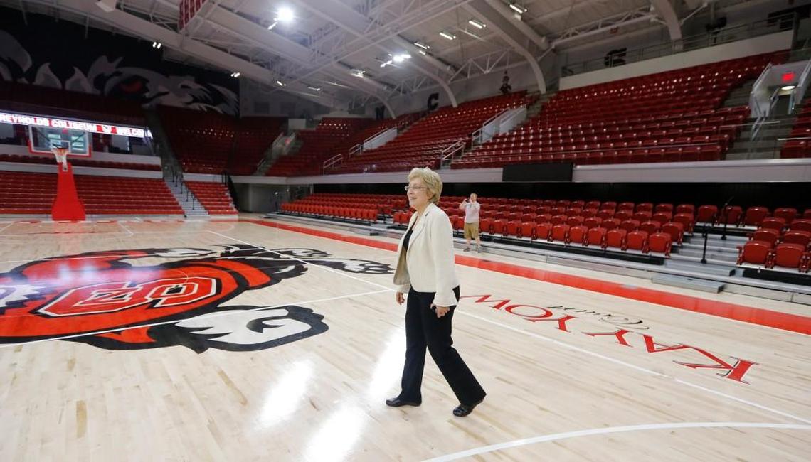 NC State athletic director Debbie Yow walks on the court during a tour of the renovated Reynolds Coliseum on Sept. 7, 2016.