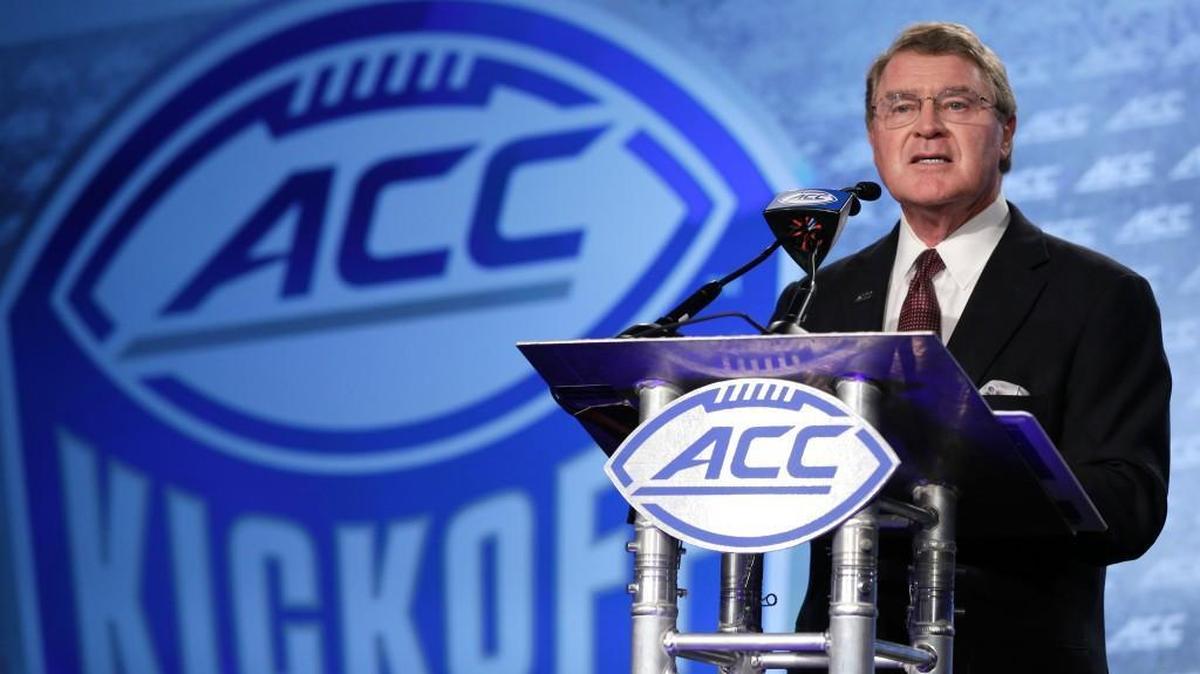 ACC Commissioner John Swofford speaks to the media during the Atlantic Coast Conference NCAA college football media day in Charlotte on July 13, 2017. (AP Photo/Chuck Burton)