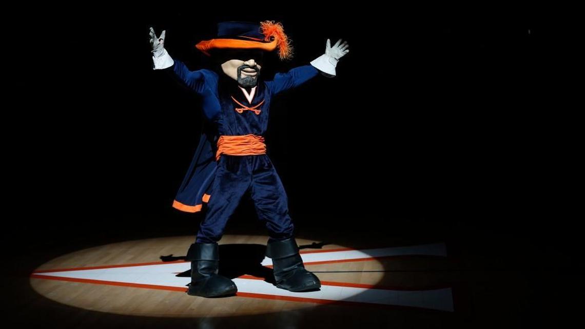 The Virginia Cavalier mascot performs prior to the start of an NCAA college basketball game in Charlottesville, Va., Saturday, March 3, 2018.